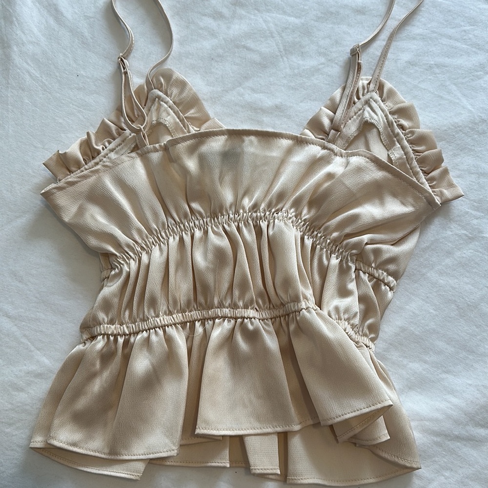 Asos Satin Ruched Ruffle Crop Tank Cream - Picture 5 of 5
